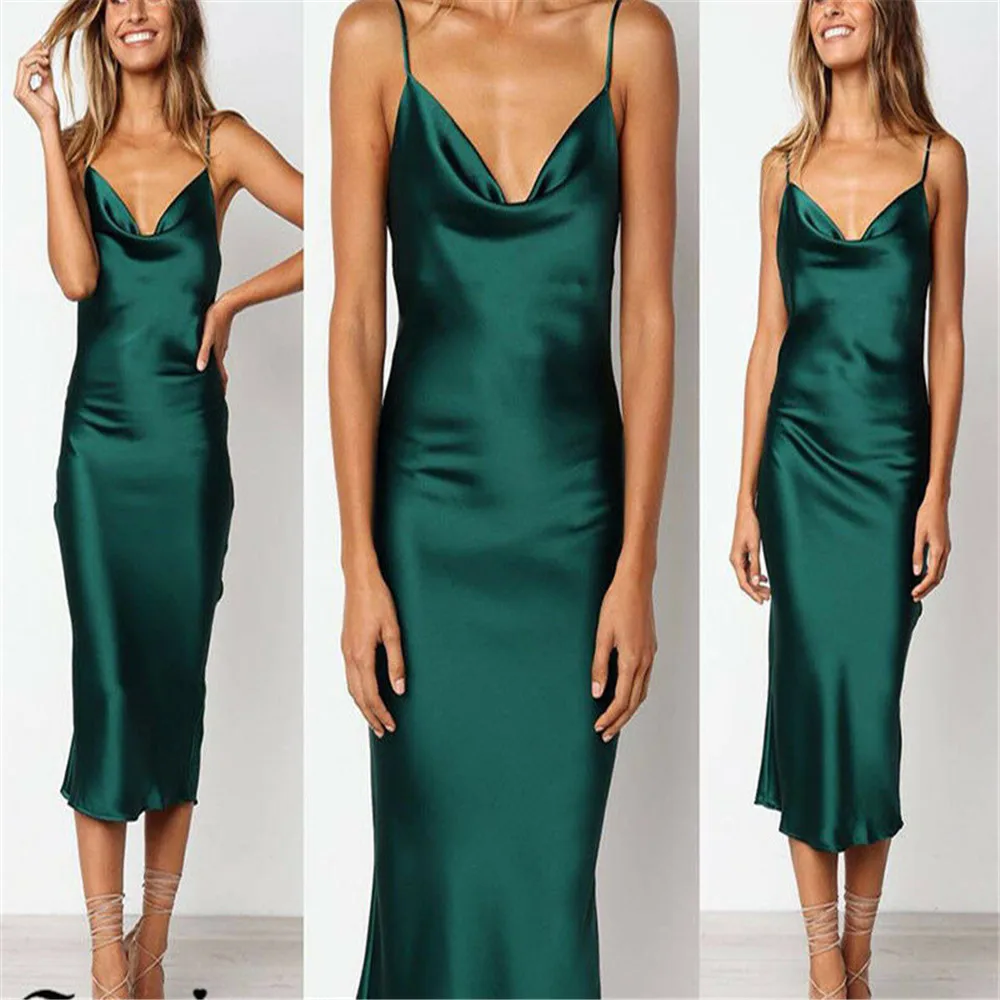 

2019 Fashion Women Elegant Long Dress Satin Silk Swing Collar Midi Dresses Sexy Strap Smooth Evening Party Hot Dress 7Colors