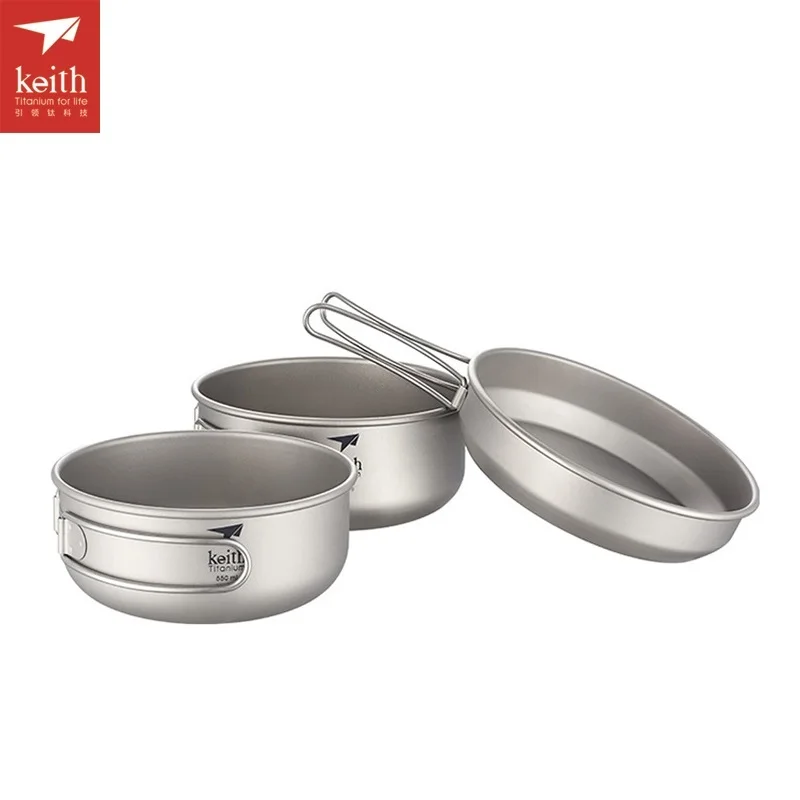 Keith 3 unids de titanio fría-pan camping pot set dos cuencos con pan al aire libre plegable manija Utensilios de cocina ti6053