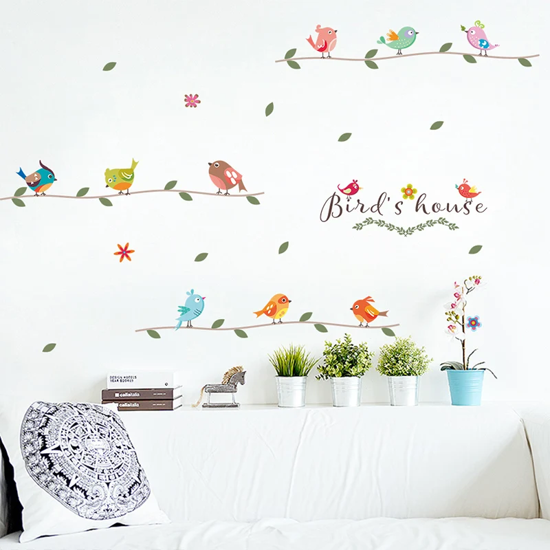 Colorful Birds Branch Wall Stickers For Kids Rooms Home Decor Living Rooms Cartoon Animals Wall Decals PVC Mural Art DIY Poster