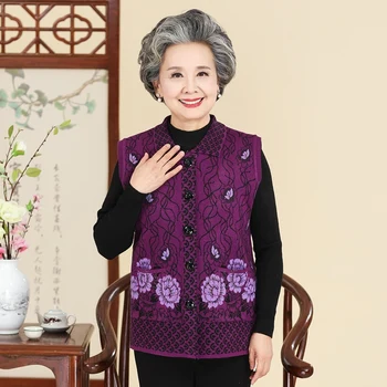 

Plus Size Fall Winter Knitted Mother's Warm Vests With Pockets Floral Sleeveless Female Sweaters Knitted Waistcoat For Women