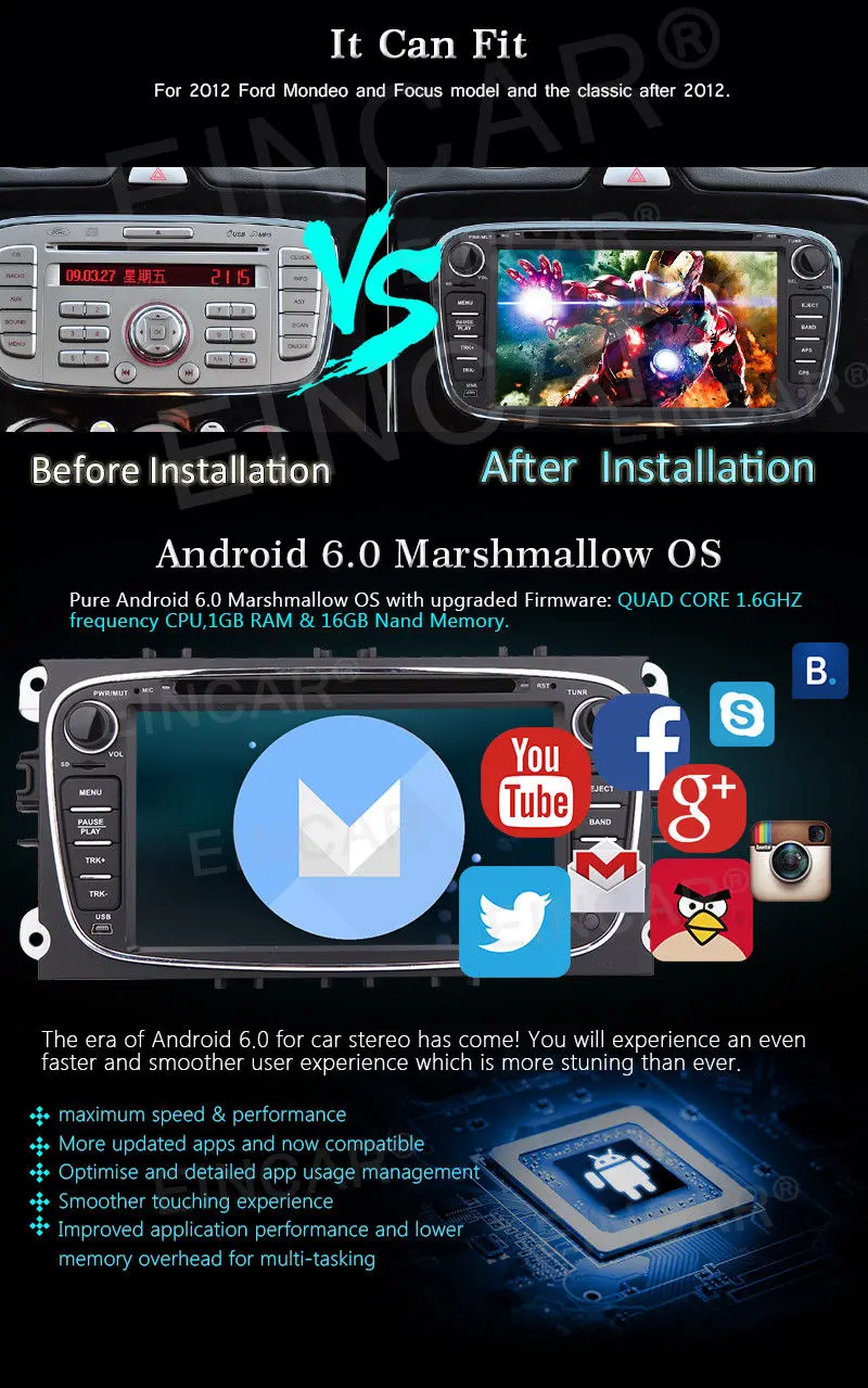 Best Android 6.0 Car DVD Player in dash car styling Doubel din GPS Nav radio DVR stickers Stereo+CANBUS For Ford Focus Mondeo S-max 4