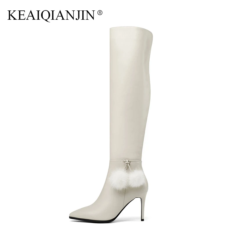 

KEAIQIANJIN Woman Zipper Knee High Boots Black Autumn Winter High Heels Shoes Fashion White Genuine Leather Knee High Boots 2018