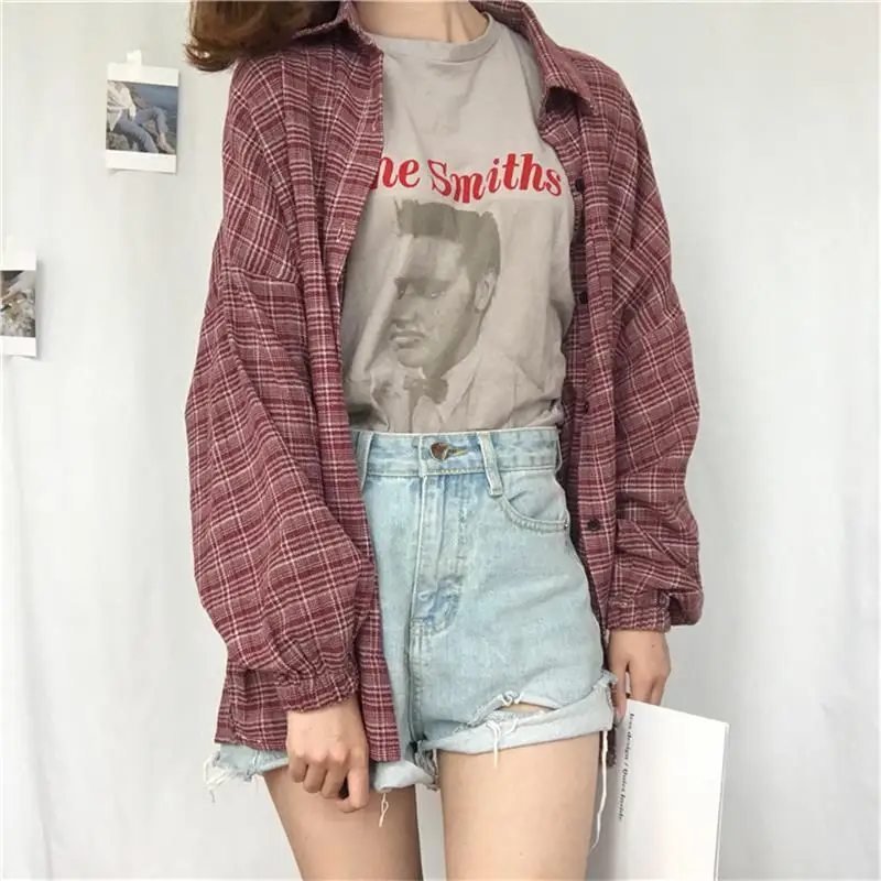 

Women's Shirts Tunic Japan Kawaii Ladies Retro Chic Pocket Split Plaid Shirt Casual Female Punk Harajuku Cute Clothes For Women
