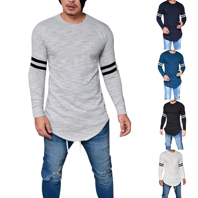 

2019 New Men Slim Long Sleeve T shirt Striped Sleeve Long T shirt Solid Color O neck Spring Summer Tee Tops Mens Fashion Top