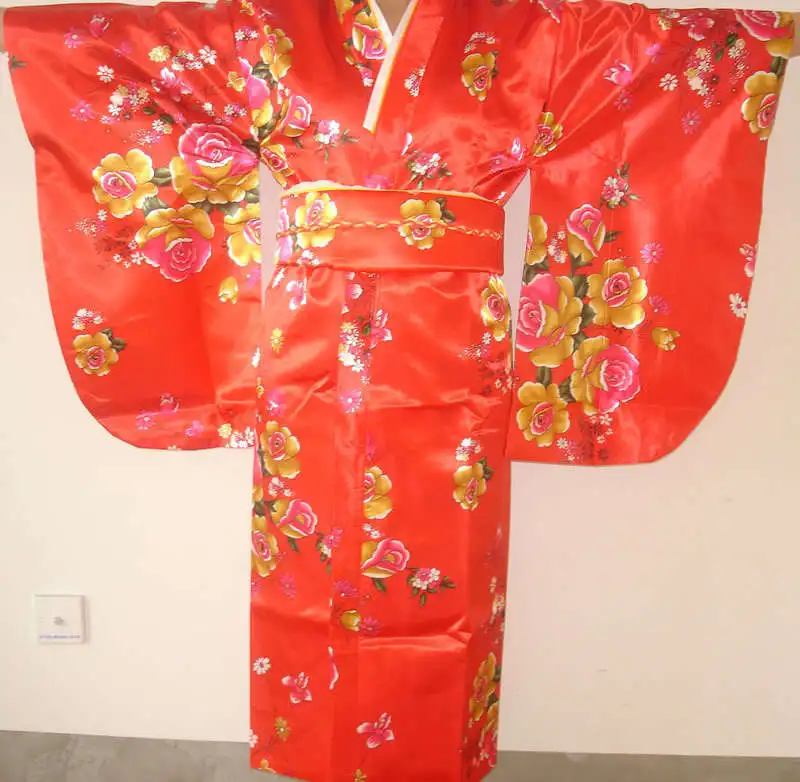 Красный Винтаж японский Для женщин шелковый атлас кимоно юката вечернее платье Цветок Один размер Бесплатная доставка H0023a