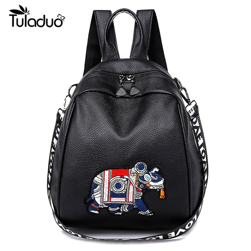 

PU Leather Backpacks Female Fashion Elephant Embroidery Design Shoulder School Bags Girls White Crossbody Bag Travel Rucksack