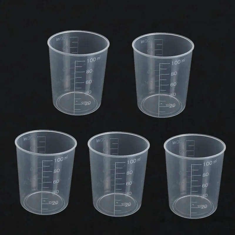 

Kicute 5Pcs 100ml Plastic Transparent Laboratory Test Measuring Jug Graduated Beaker Container Liquid Measuring Cups Lab Supply