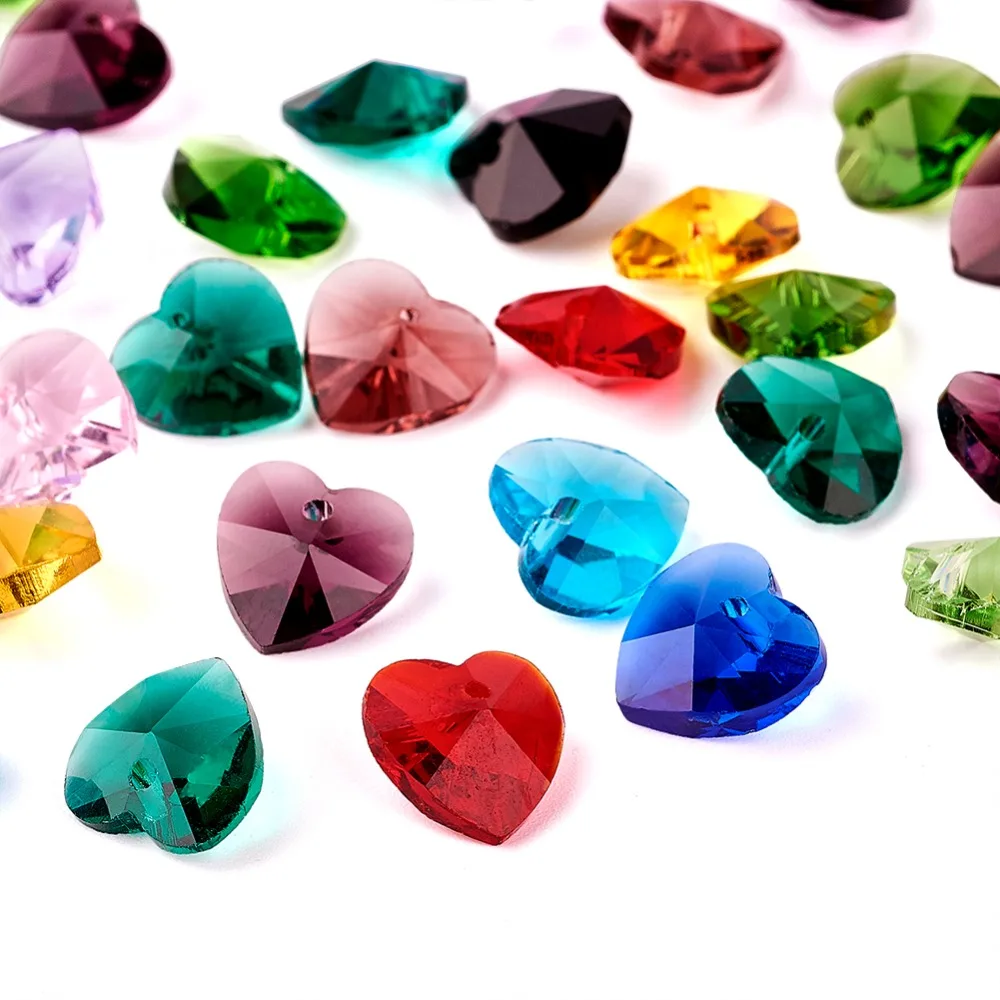 100PC Mixed Colour Faceted Heart Transparent Glass Charm Pendants DIY 10x10x5mm