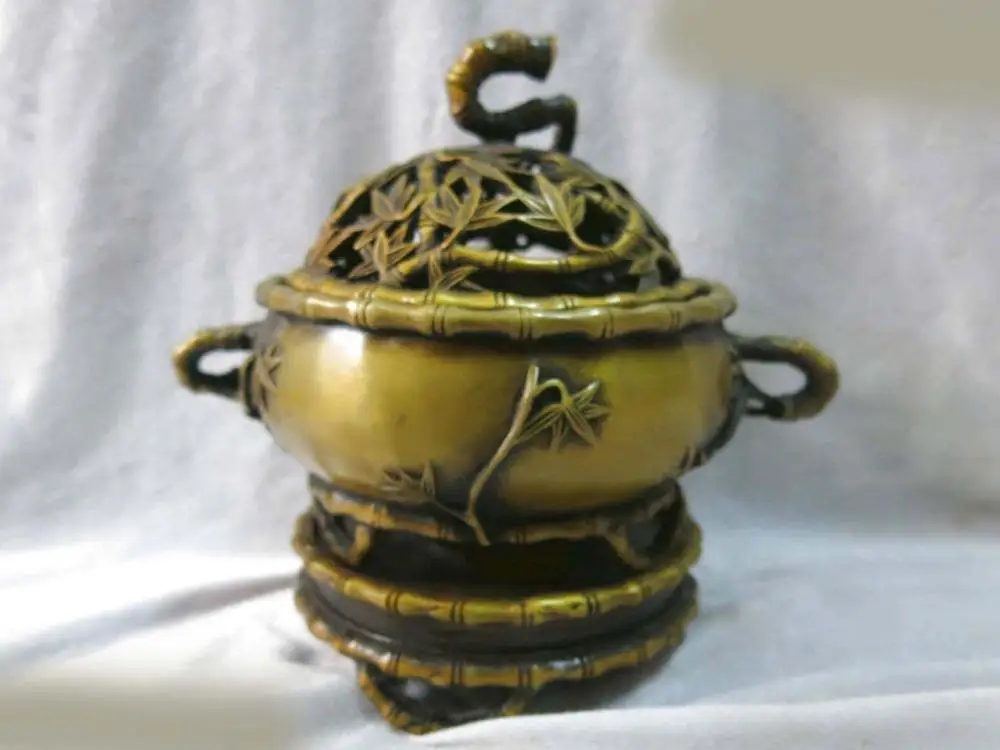 

8" China pure brass fine workmanship carved bamboo censer incense burner Statue (D0426)