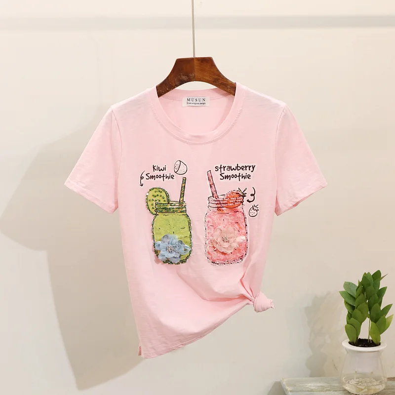 Летняя женская футболка с коротким рукавом 3D Цветочный бисер бутылки хлопковые футболки