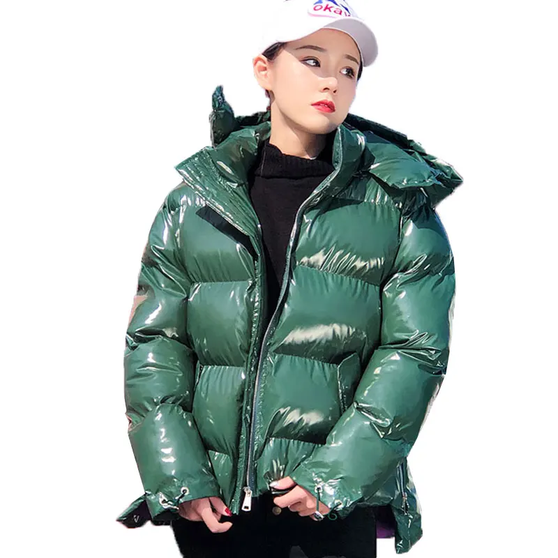 Модный короткий дизайнерский глянцевый женский пуховик, Зимняя парка, Женская водонепроницаемая Толстая теплая Свободная Женская зимняя куртка с капюшоном, 100 - Цвет: Dark green