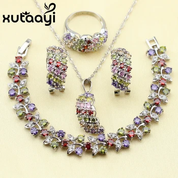

XUTAAYI 4PCS Jewelry Set Sterling Silver Alluring Multicolor Stones Cubic Zirconia Earrings Ring Necklace Pendant Bracelet
