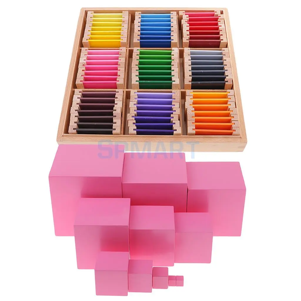 

Montessori Wooden Building Pink Tower Blocks + Color Learning Box for Kids Educational Toy