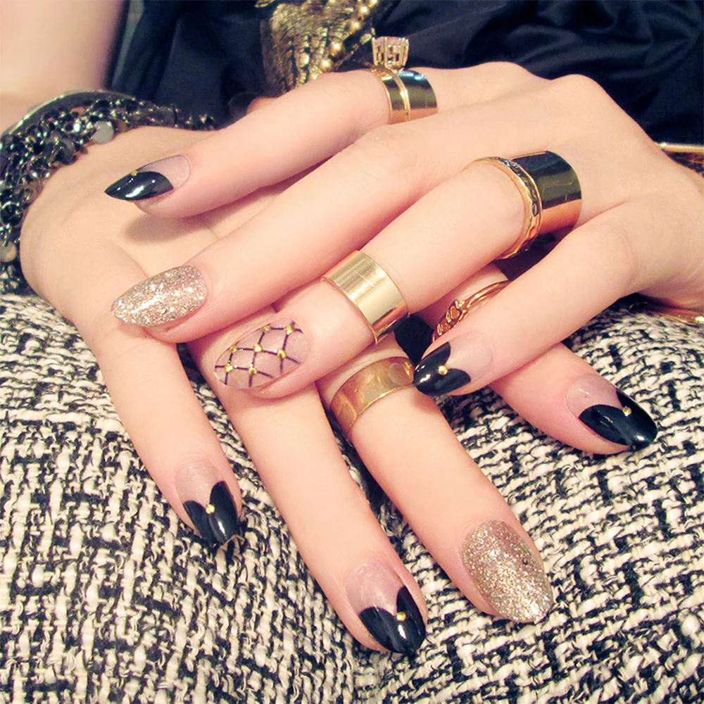 24pcs/Set Black Grid UV False Nails Round Head Full Cover Finger fake