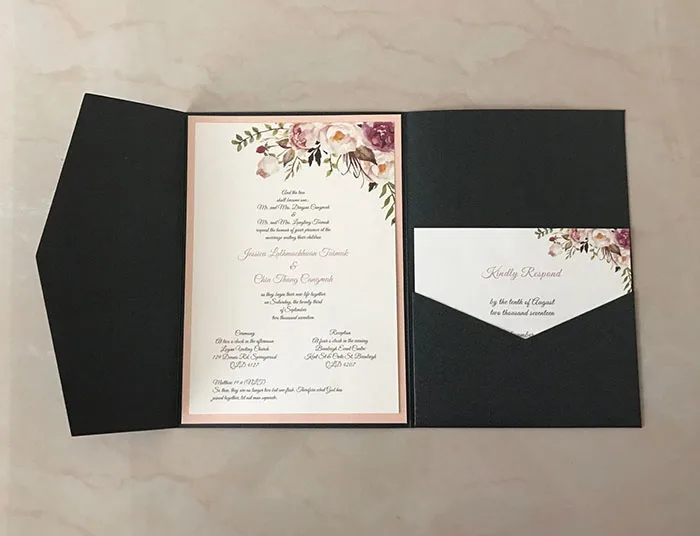  CA0668 Black Shimmer Pocketfold Wedding Invitations with Floral Designs - 1895660020