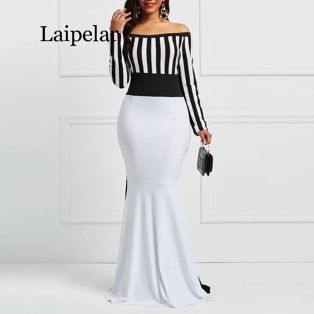 

Laipelar Dress Elegant Women Off Sholuder Long Sleeve Stripes Color Block White Black Mermaid Party Dress