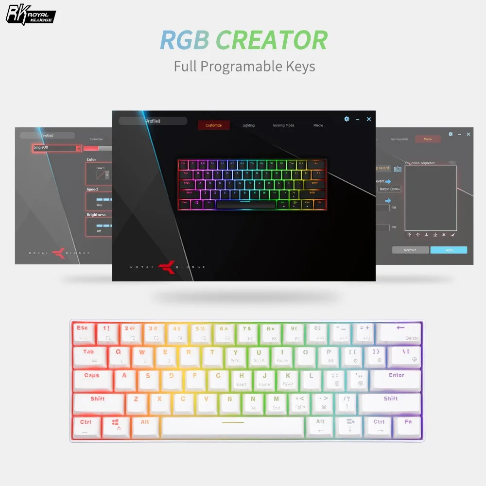  RK RK61 Mechanical Gaming White Keyboard Wireless Bluetooth 60% Keyboards 61 Keys RGB Backlit Backl