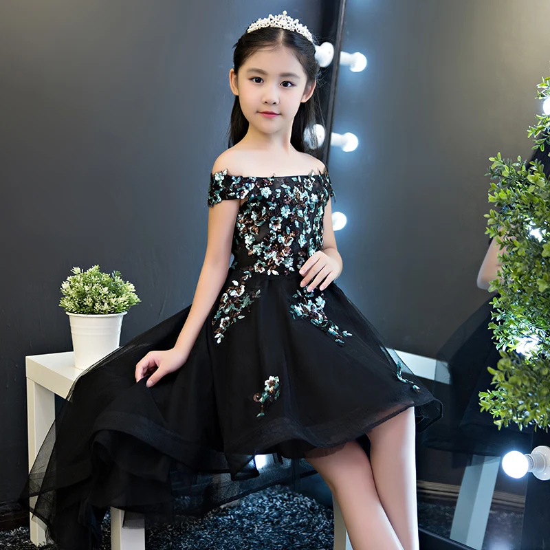 

Appliques Girl's Ball Gown Dress Shoulderless Short Before Long Back Elegant Girl Dresses Wedding Pageant Party Dress JF543