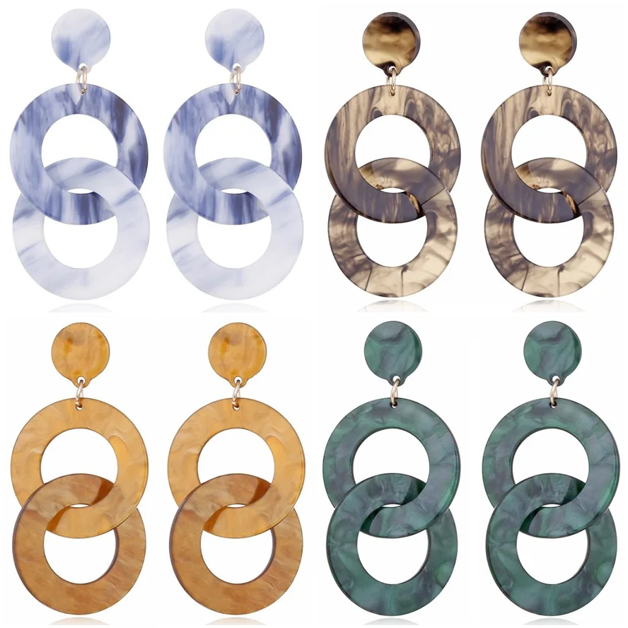 

High Quality 2018 New Vintage Acrylic Double Twisted Round Interlocking Link Chain Long Earrings for Women Acetic Acid Earrings