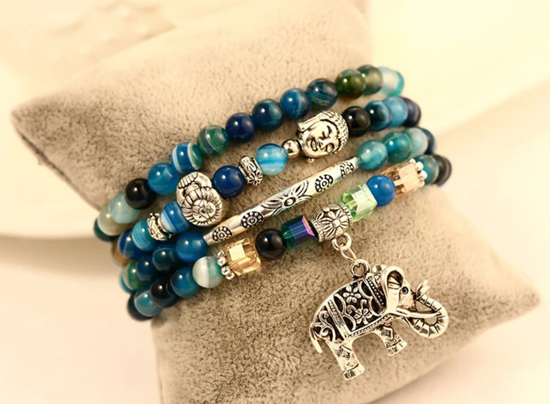 Высококачественный винтажный стиль натуральный кристалл слон кулон многослойный Синий Турмалин браслет голова Будды для женщин