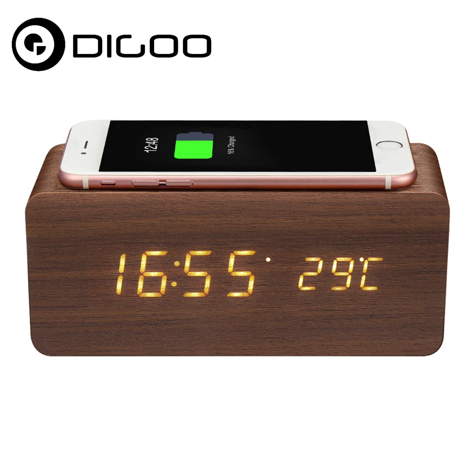 Digoo DG-AC80 Wireless charging Wooden Clock Tempreture Weather Station LED Display Voice Control Alarm Clocks for Smartphone