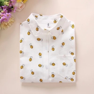 Удобная Повседневная Женская блузка с длинным рукавом и открытым воротником; рубашка с принтом «пчела Микки» и «кактус»; женская рубашка; топы - Цвет: Bee