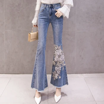 

Women Tassel Denim Jeans Embroidery Flare Pants Stretch Washed Cotton Casual Jeans Girls Lady Students Fashion High Street Jeans