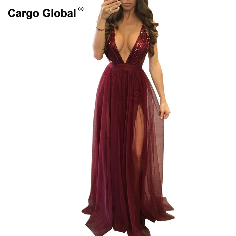 

Spring And Summer 2019 Sexy V-Collar Dew-Back Suspender Net Yarn Stitching Sequined Chiffon Dress Evening Ceremony Dresses