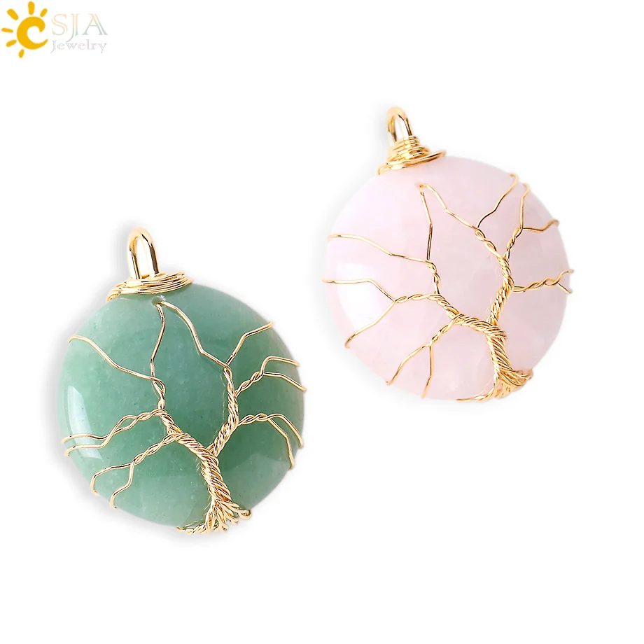 

CSJA Gold Color Wire Wrap Tree of Life Natural Round Gem Stone Necklaces Pendants Green Aventurine Pink Quartz Chakra Reiki E599