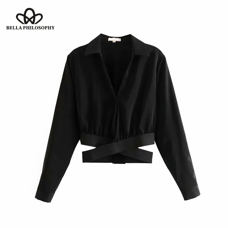 Wonder 2018 new autumn Vintage Sexy Solid Waist Cross Short Tops Lapel Collar Long Sleeve Ladies Shirts Casual Blusas Mujer