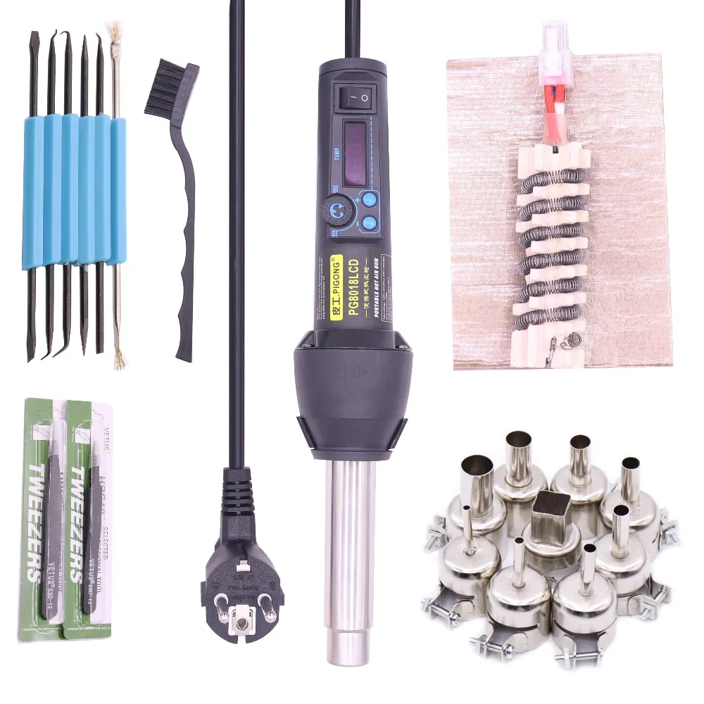Hot 220V/EU 650W LCD Adjustable Electronic Heat Hot Air Gun Desoldering Soldering Station IC SMD BGA + 3Nozzle PG8018LCD