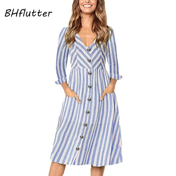

BHflutter Women Autumn Winter Dress 2018 New Style Striped Print Long Sleeve Midi Dress V neck Buttons Elegant OL Vintage Dress