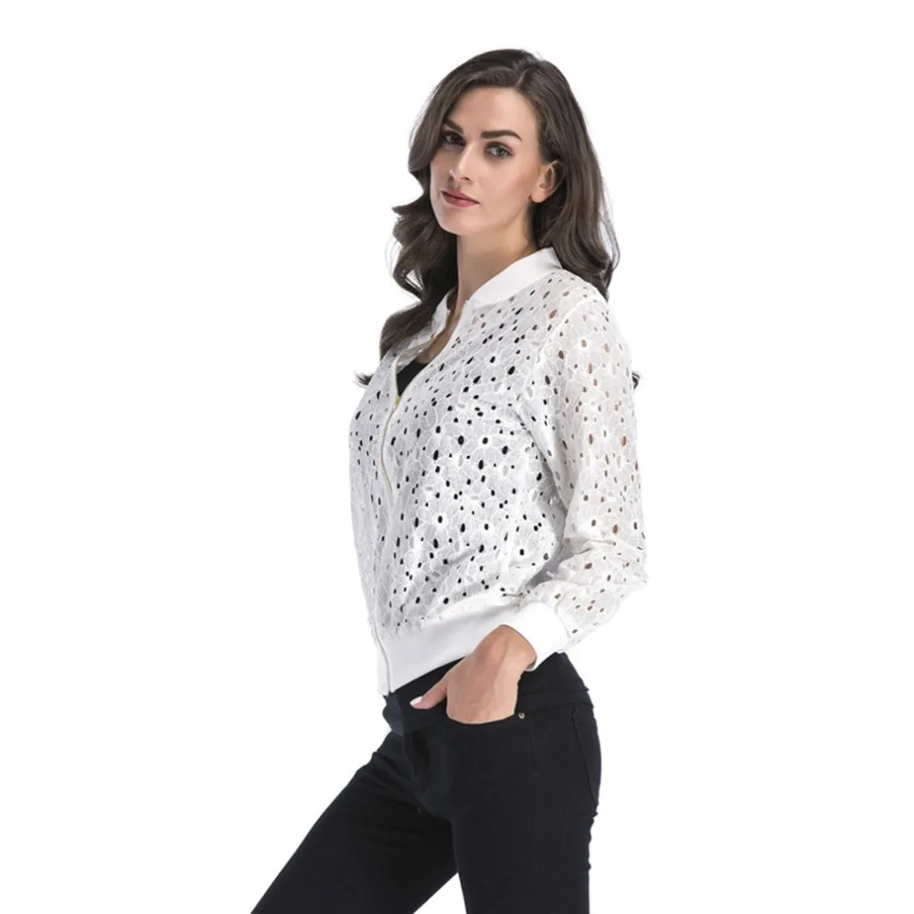 

2018 Spring Autumn Women Lace Coat Elegant Zipper Hollow Out Slim Bomber Jackets Cardigans Lady Stand Collar Harajuku Outerwear