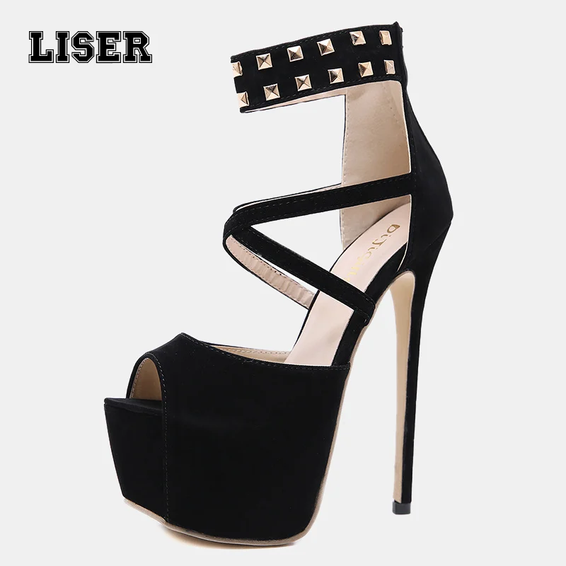 

women designer ankle wrap sandals super high heels 165mm peep toe rivet cross tied platform zipper Italy style gladiator shoes