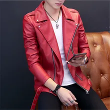 Для мужчин пальто верхняя одежда тонкий сплошной отложным воротником на молнии Кожаная куртка ПУ Slim Fit Молодежный мотоцикл мужские giacca in Pelle