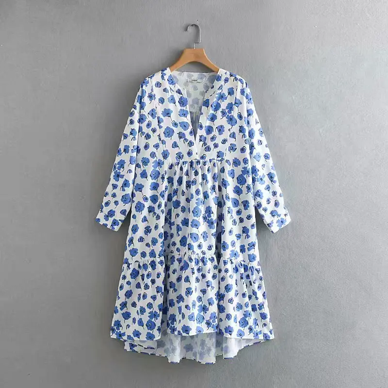 as pic DS2220XN Женское модное синее повседневное свободное асимметричное платье с цветочным принтом, женское платье со складками, шикарное свободное платье с глубоким v-образным вырезом DS2220 - Цвет: as pic DS2220XN