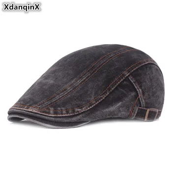 

XdanqinX Adult Men's Washed Denim Cotton Beret Hat Adjustable Size Vintage Women's Hats Retro Literary Youth Tongue Cap Unisex