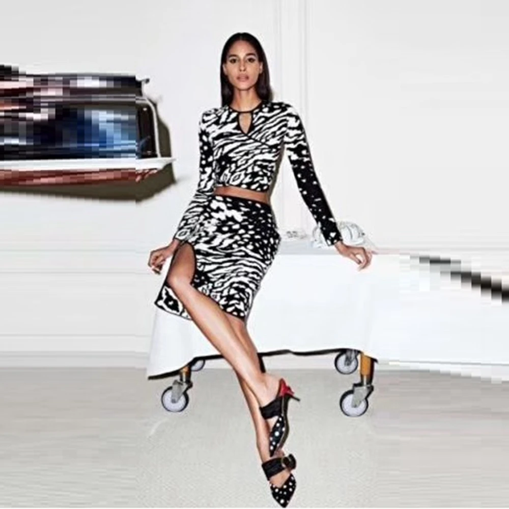 

2019 New Sexy Black With White Patchwork Long Sleeve Jacqaurd Two 2 pieces bodycon Bandage Dress Vestidos Clubwear Wholesale