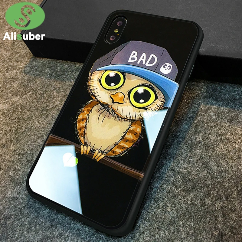 Alisuber Cute Owl Tempered Glass Phone Case for iphone X 7 8 plus Cartoon Cases Anti-knock Back Cover 6 6s Plus |