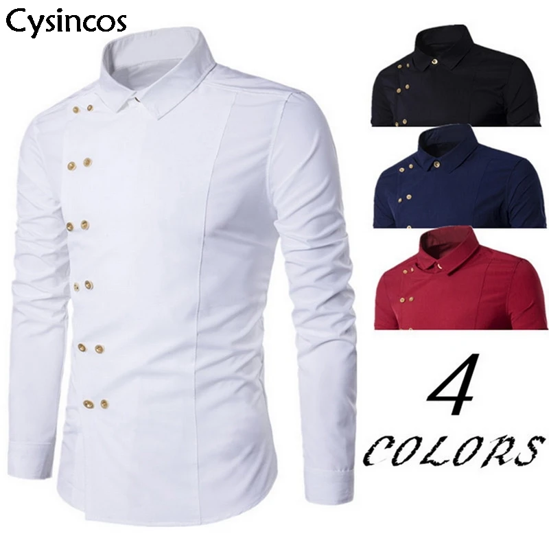 

Cysincos Men's Solid Color Double Breasted Shirt Slim Long Sleeve Shirt Autumn Fashion Button Irregular Camisa Masculina