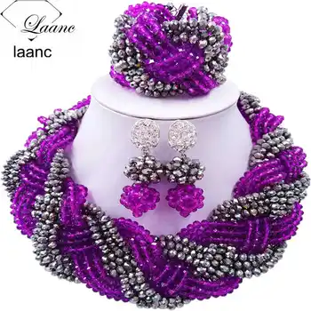 

12 Rows Handmade Purple Silver Crystal Plait African Jewelry Set Nigerian Beads Wedding Jewelry Sets Free Shipping 12BZ009
