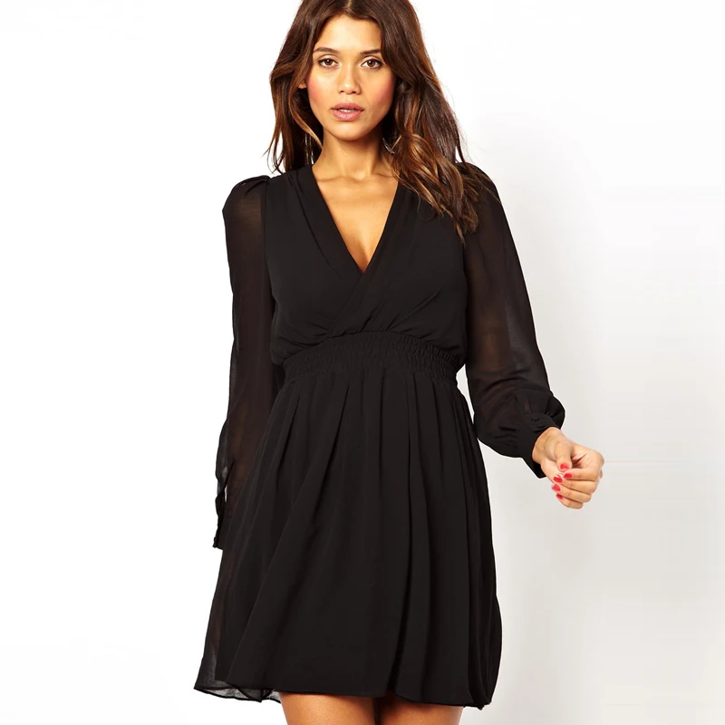 Women chiffon dresses sexy deep V neck backless slim waist long sleeve casual dresses 3 colors dress SD3087