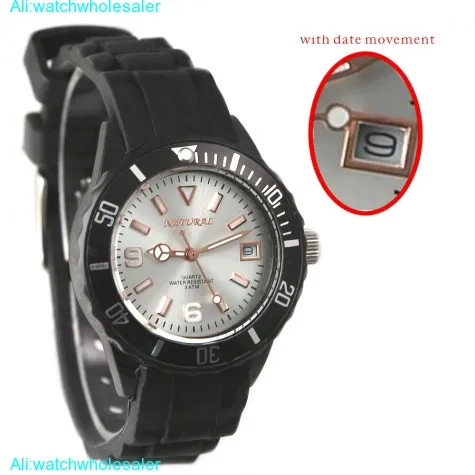 FW893A NATURAL Round Silicone Black Band Water Resistant with date Fashion Watch