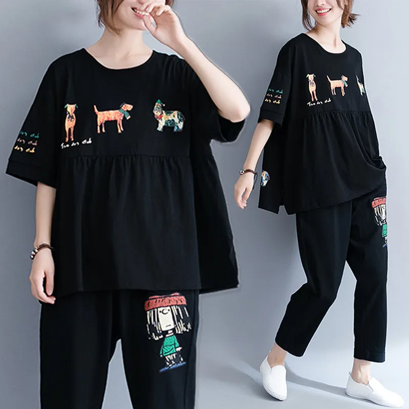 

Plus Size New Summer Women Fashion Kawaii Cartoon Dog Letter Tops Tee Ladies Female Big Loose Cotton Long Femme T shirt