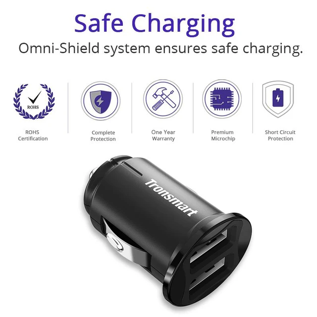 Tronsmart C24 Two Ports USB Car Charger VoltiQ Car-charger Phone Fast Charger USB Adapter Short Circuit Protection CE FCC RoHS