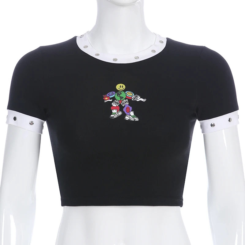 Rockmore черный хлопок мультфильм печатных Кнопка o-образным вырезом Женская футболка уличная тугие рубашки с коротким рукавом повседневные женские топы