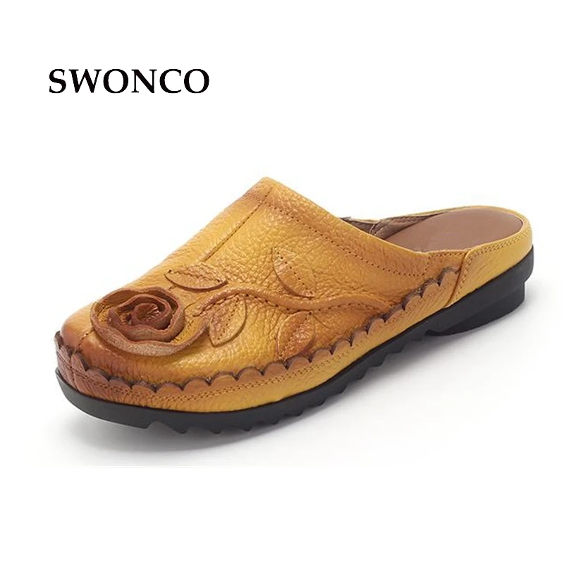 SWONCO Women's Slippers Shoes Woman Handmade Cow Leather Slides Summer Shoes Women 2018 Fashion Flower Slippers