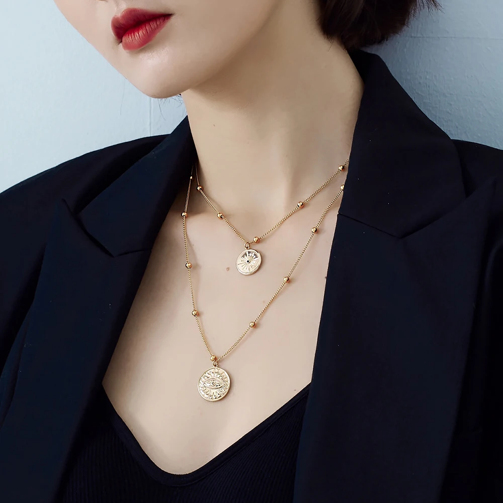 

original design coin plus the eyes of devil double layer necklace women fashion collares chain jewelry
