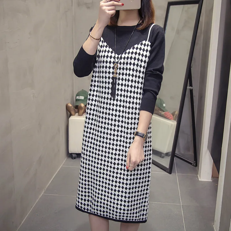 Milinsus Autumn Winter Large Size Women Knitted Dresses Girl Contrast Color Plaid Ladies Long Sleeve Vintage Elegant Dress