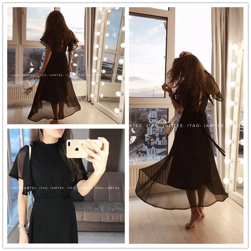 Sheinside черное элегантное платье с рукавами-воланами для женщин летнее сексуальное платье миди со шнуровкой сзади женское платье из прозрачной сетки